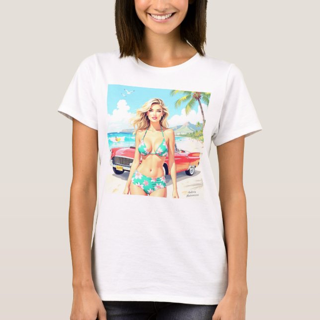 Camiseta Chica en la playa con un coche clásico (Anverso)