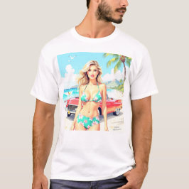 Camiseta Chica en la playa con un coche clásico