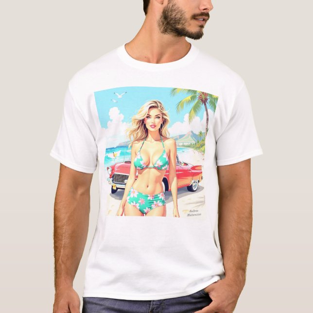 Camiseta Chica en la playa con un coche clásico (Anverso)