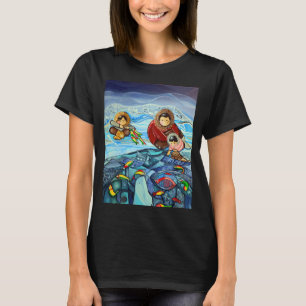 Camiseta chica en traje de neopreno. chica pescando. latino
