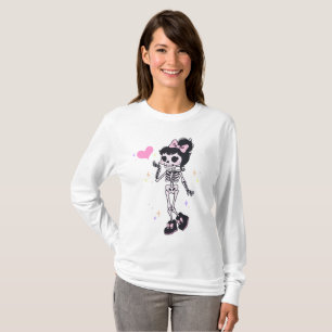 Camiseta Chica Esqueleto Coqueta Lindo Halloween Manga Larg