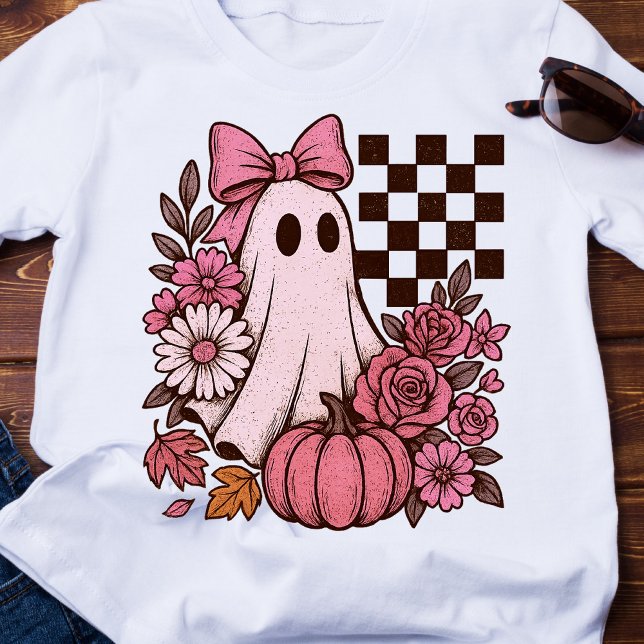 Camiseta Chica fantasma de coqueta rosa retro con Bow Hallo (This coquette ghost retro Halloween design combines floral sweetness with spooky spirit.)