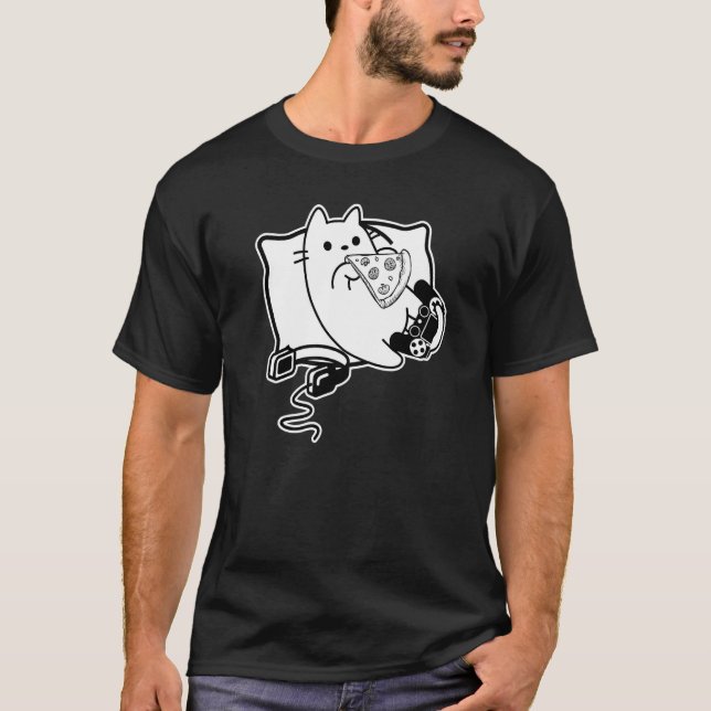 Camiseta Chica Gato Gamer Cargando Auriculares Pizza y Pad (Anverso)