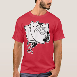 Camiseta Chica Gato Gamer Cargando Pizza, Auriculares y Alm