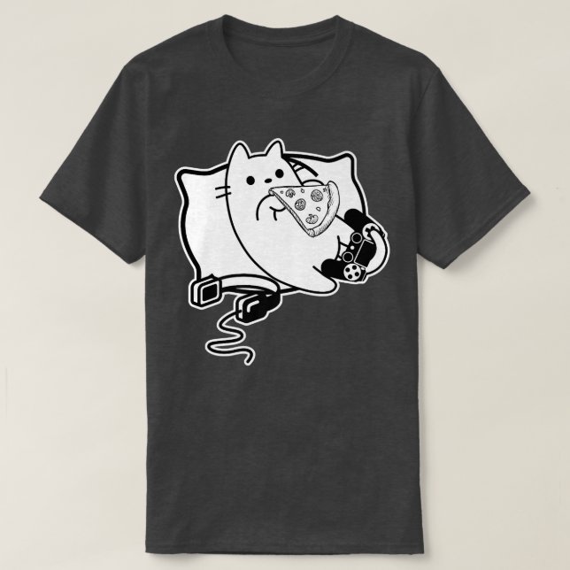 Camiseta Chica Gato Gamer Cargando Pizza, Auriculares y Alm (Diseño del anverso)