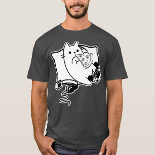 Camiseta Chica Gato Gamer Cargando Pizza, Auriculares y Alm