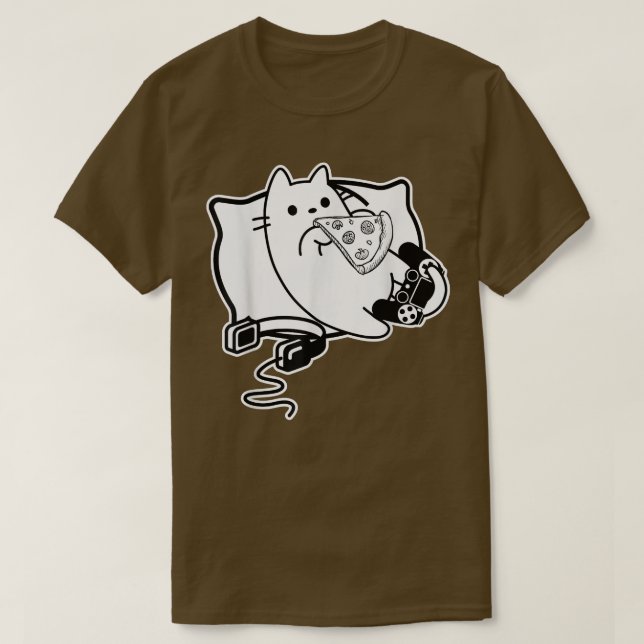 Camiseta Chica Gato Jugador Cargando Pizza, Auriculares Y P (Diseño del anverso)