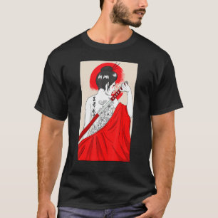 Camiseta Chica Geisha Espada Katana Y Tatuaje De Flores Jap