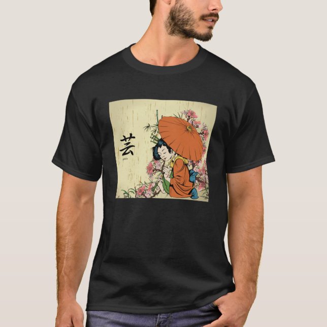 Camiseta Chica Geisha japonés con flores de cerezo (Anverso)