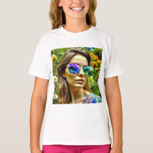 Camiseta Chica Hermosa con Reflejo de Flores en Gafas de So