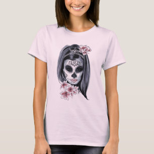 Camiseta Chica Hippie de Cráneo de Azúcar Rosa y Negro
