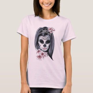 Camiseta Chica hippie de cráneo de azúcar rosa y negro