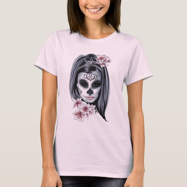 Camiseta Chica hippie de cráneo de azúcar rosa y negro (Anverso)