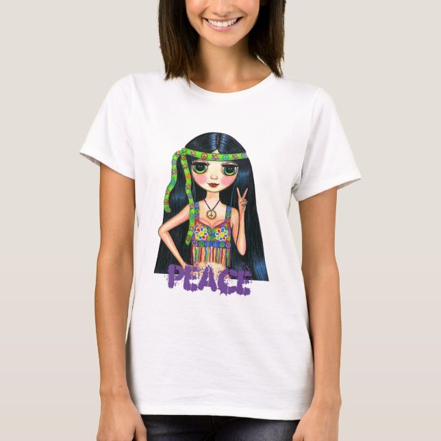 Camiseta Chica hippie de paz con chaleco frito y banda de c (Anverso)