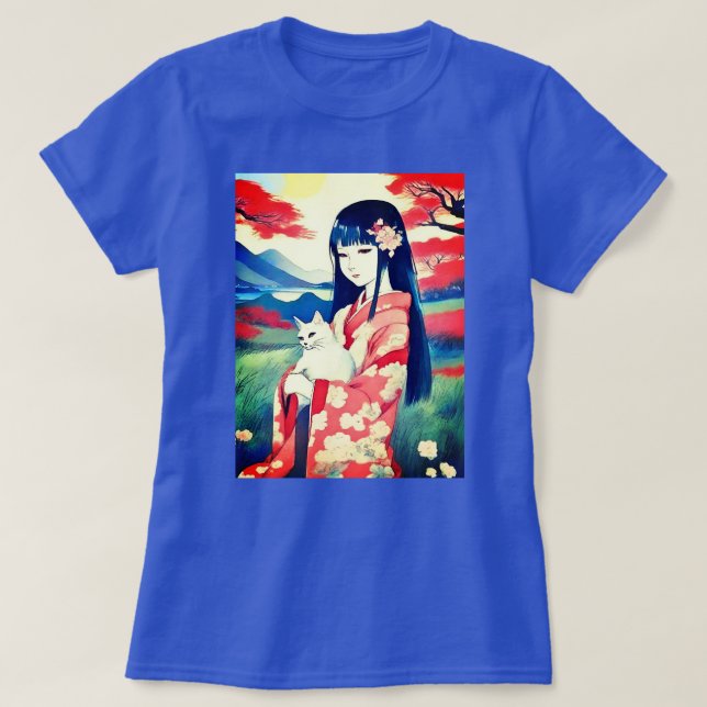 Camiseta Chica japonés con gato blanco (Diseño del anverso)