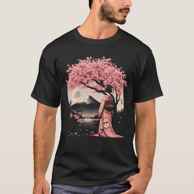 Camiseta Chica japonés Geisha Kimono Fuji Monte Cherry (Anverso)