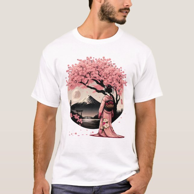 Camiseta Chica japonés Geisha Kimono Fuji Monte Cherry (Anverso)
