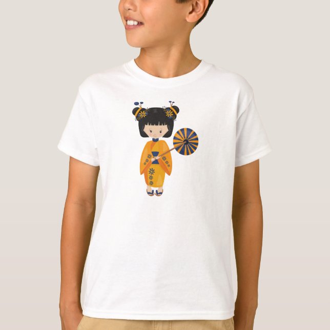 Camiseta Chica japonés, Japón, Chica breve, Naranja Kimono (Anverso)