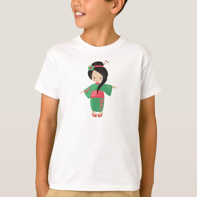 Camiseta Chica japonés, Japón, Chica íntimo, Kimono verde (Anverso)