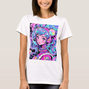 Camiseta Chica Kawaii de Anime Espacial Rosa y Azul Pastel
