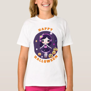 Camiseta Chica Kawaii Linda en Calabazas Halloween