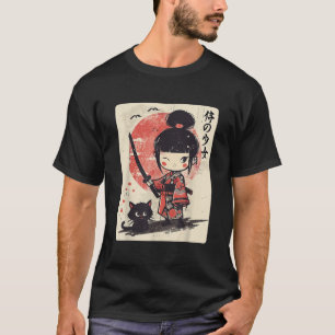 Camiseta Chica kawaii samurai con gato katanés japonés