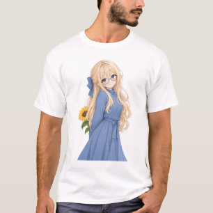 Camiseta Chica linda de anime con gafas y diseño de girasol