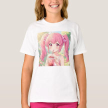 Chica linda de anime en rosa bebiendo té de burbuj