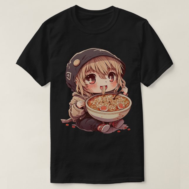 Camiseta Chica lindo comiendo fideos de Ramen Kawaii Anime  (Diseño del anverso)