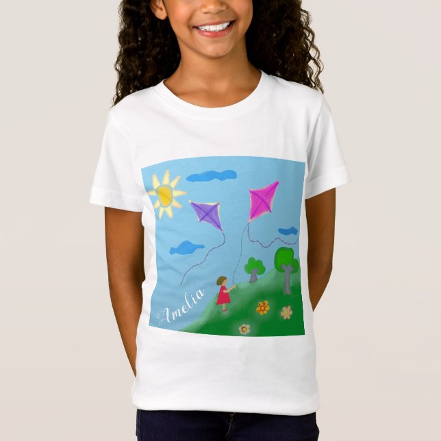 Camiseta Chica lindo con dibujos de niños cometas (Anverso)