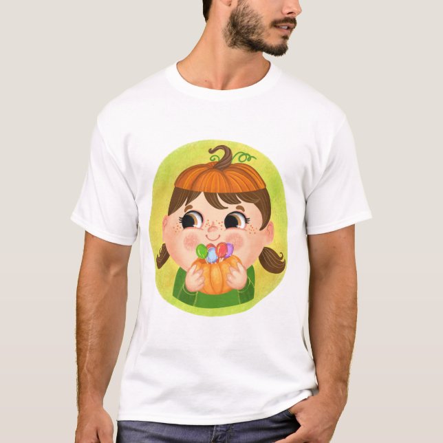 Camiseta Chica lindo con disfraz de Halloween de calabaza (Anverso)