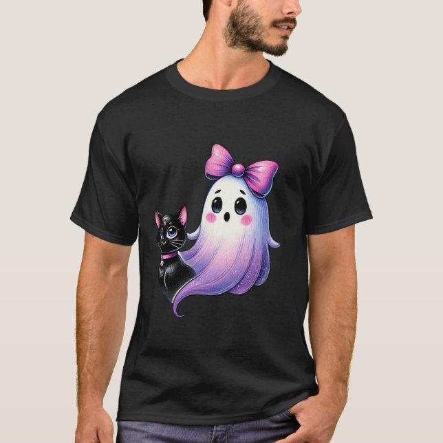 Camiseta Chica lindo Ghostie Negro gato Rosa Bow Ghost Hall (Anverso)