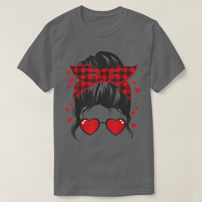 Camiseta Chica Messy Bun Buffalo Red Plaid Heart Valentines (Diseño del anverso)