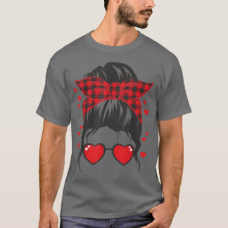 Camiseta Chica Messy Bun Buffalo Red Plaid Heart Valentines