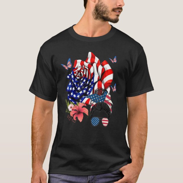 Camiseta Chica Messy Bun Hair Y Rosa Bandera Americana 4 De (Anverso)
