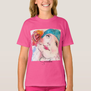 Camiseta Chica Mujer Rosa Acuarela Aquamarina Boina Rosa Te
