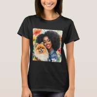 Chica Negro bonito Con Floral De Perro Pomeraniano