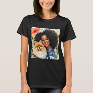 Camiseta Chica Negro bonito Con Floral De Perro Pomeraniano