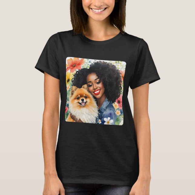 Camiseta Chica Negro bonito Con Floral De Perro Pomeraniano (Anverso)
