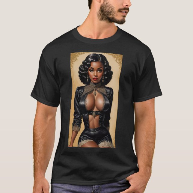 Camiseta Chica negro Pinup de época (Anverso)