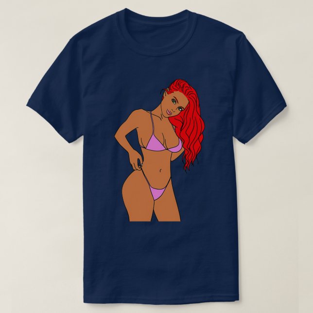 Camiseta Chica pelirroja en bikini rosado (Diseño del anverso)