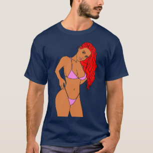 Camiseta Chica pelirroja en bikini rosado
