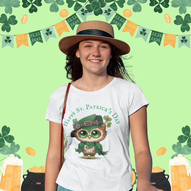 Camiseta Chica personalizado del Día de la Lechuza Verde de (St. Patrick's Day Green Owl personalized girl T-Shirt)
