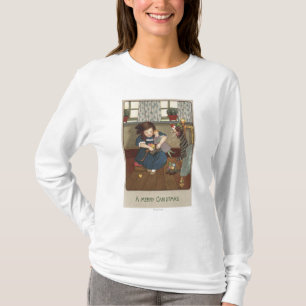Camiseta Chica que comprueba sus zapatos por completo de