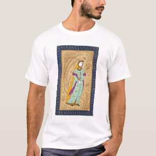 Camiseta Chica que sostiene un buque del vino y una pera,