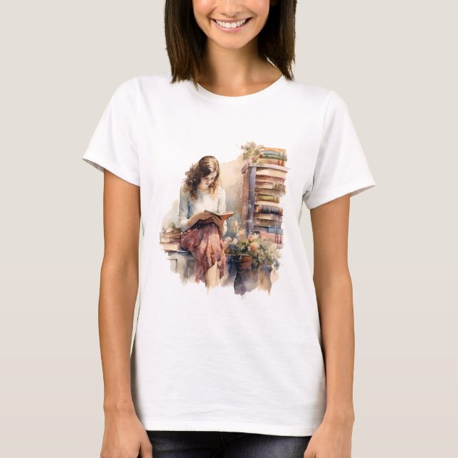 Camiseta Chica retro leyendo libro por flor de ventana (Anverso)