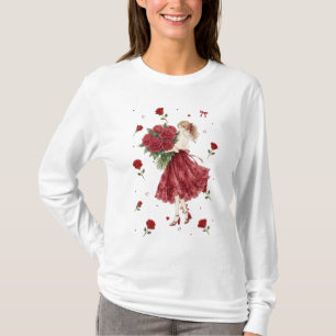 Camiseta Chica Romántica Adorable con Ramo de Rosas Rojas M