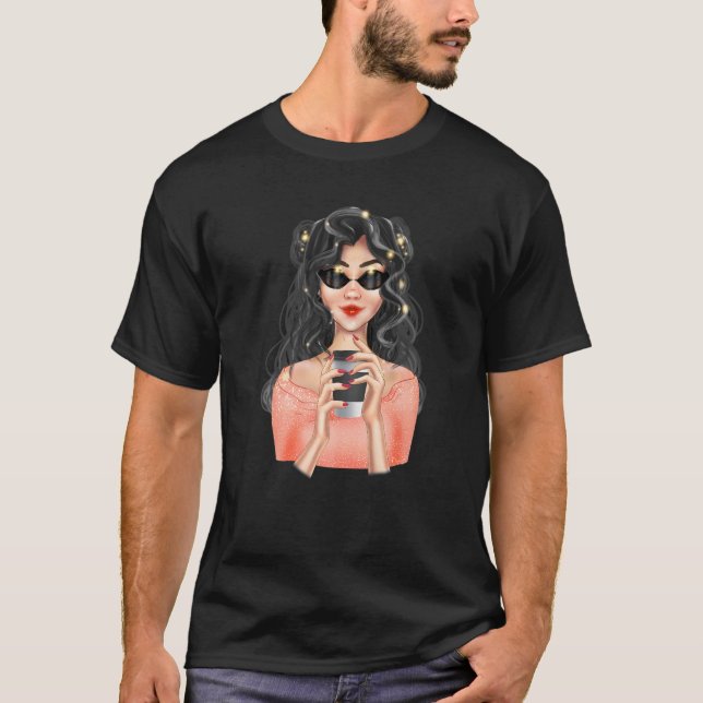 Camiseta Chica rubio de moda con copa de café con negro (Anverso)