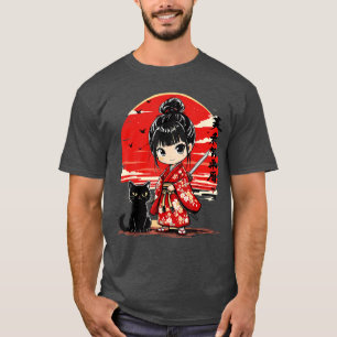 Camiseta Chica Samurái Kawaii Lindo y Gato Anime Japonés Gi