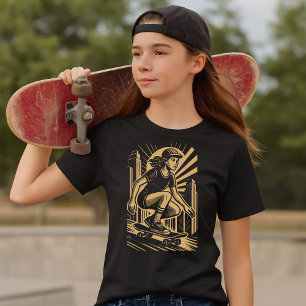 Camiseta Chica Skateboarder en Estilo Art Déco Dorado Retro